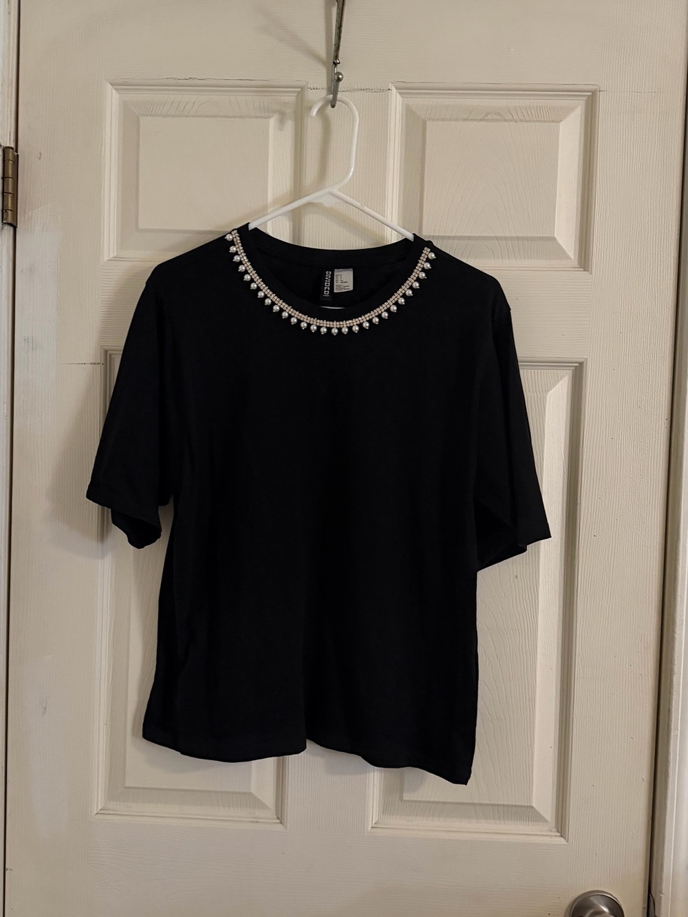 H&M Black Short-Sleeve Tee with Rhinestone Crewneck